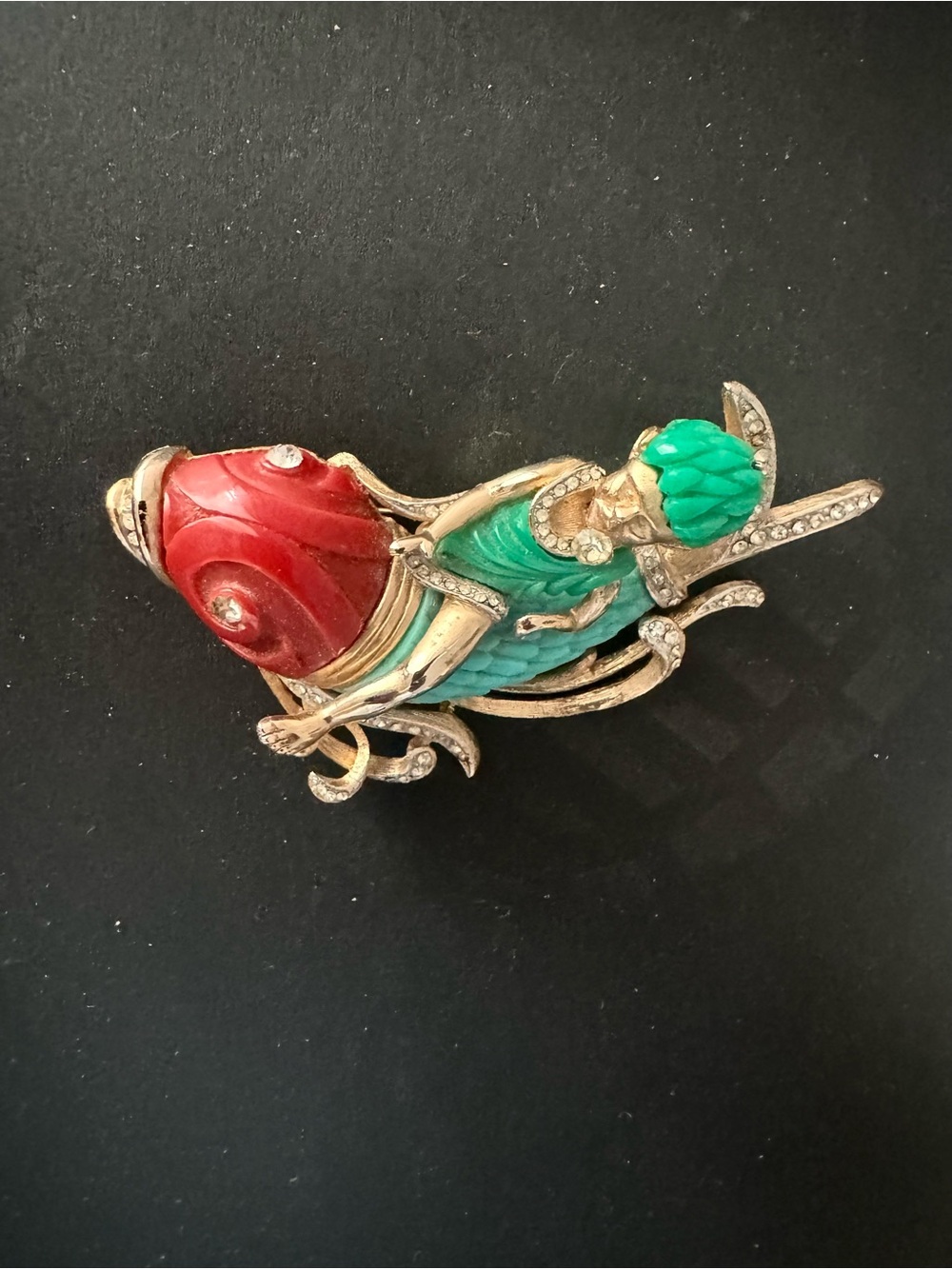 Vintage Unsigned Carnegie Figural Faux Jade Boy Riding Dolphin Fish Brooch Pin